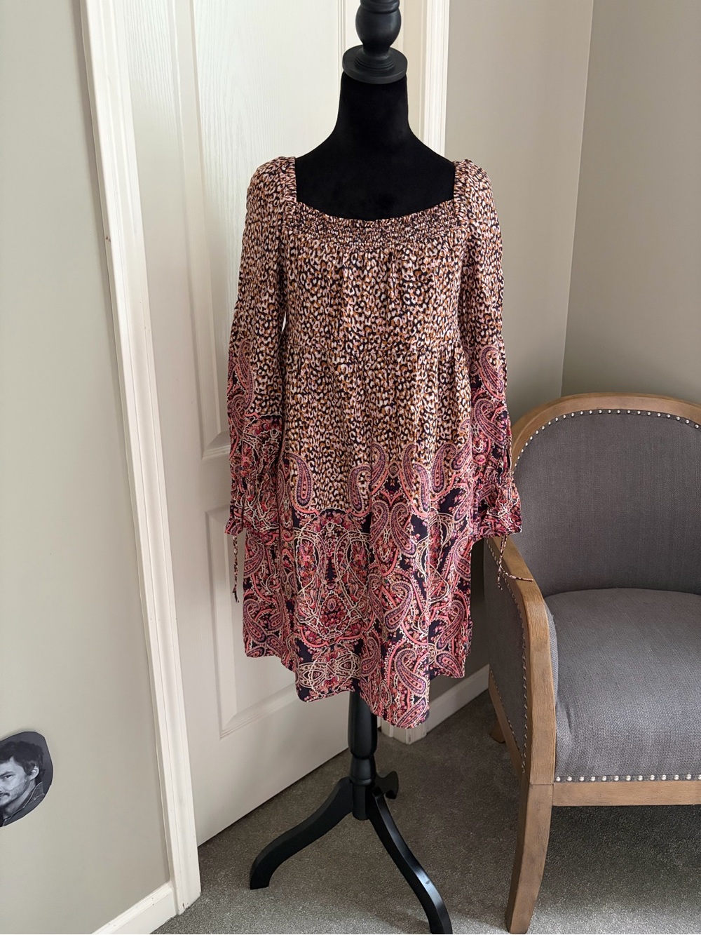 Maeve Pink Paisley & Leopard Print Square-Neck Long Sleeve Dress